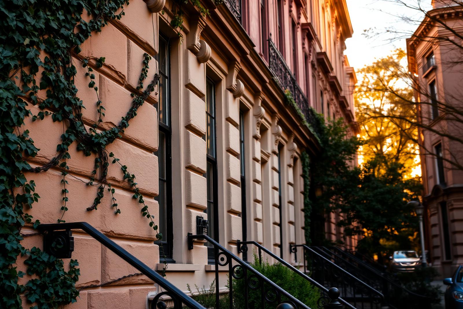 A quiet brownstone street at golden hour