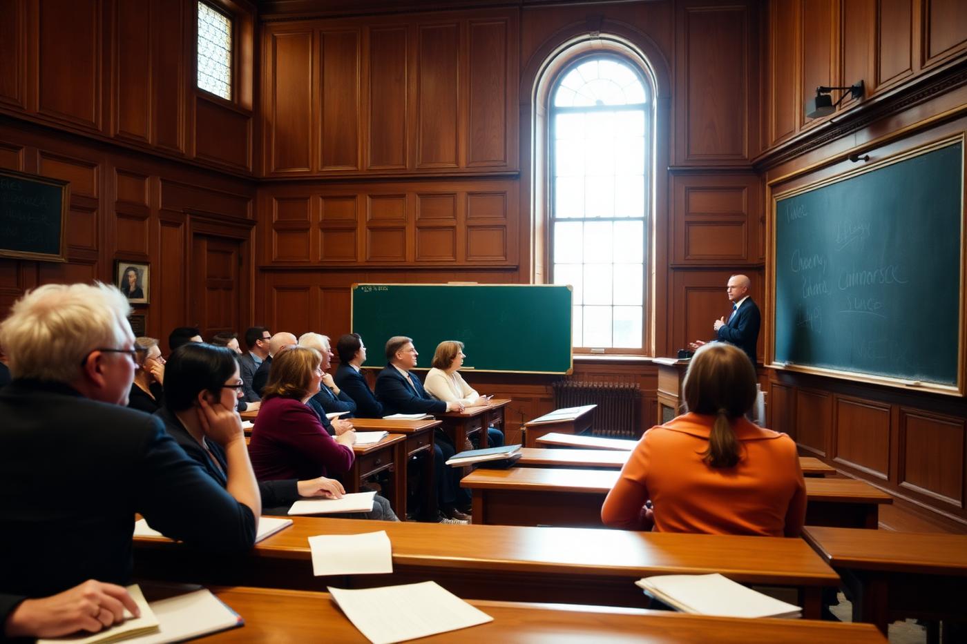 A historic classroom with adult professional learners