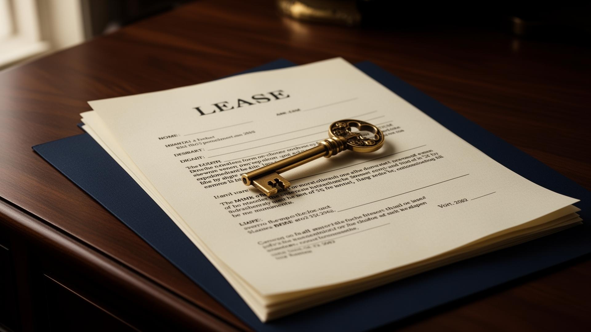 An antique brass key resting on a printed lease contract